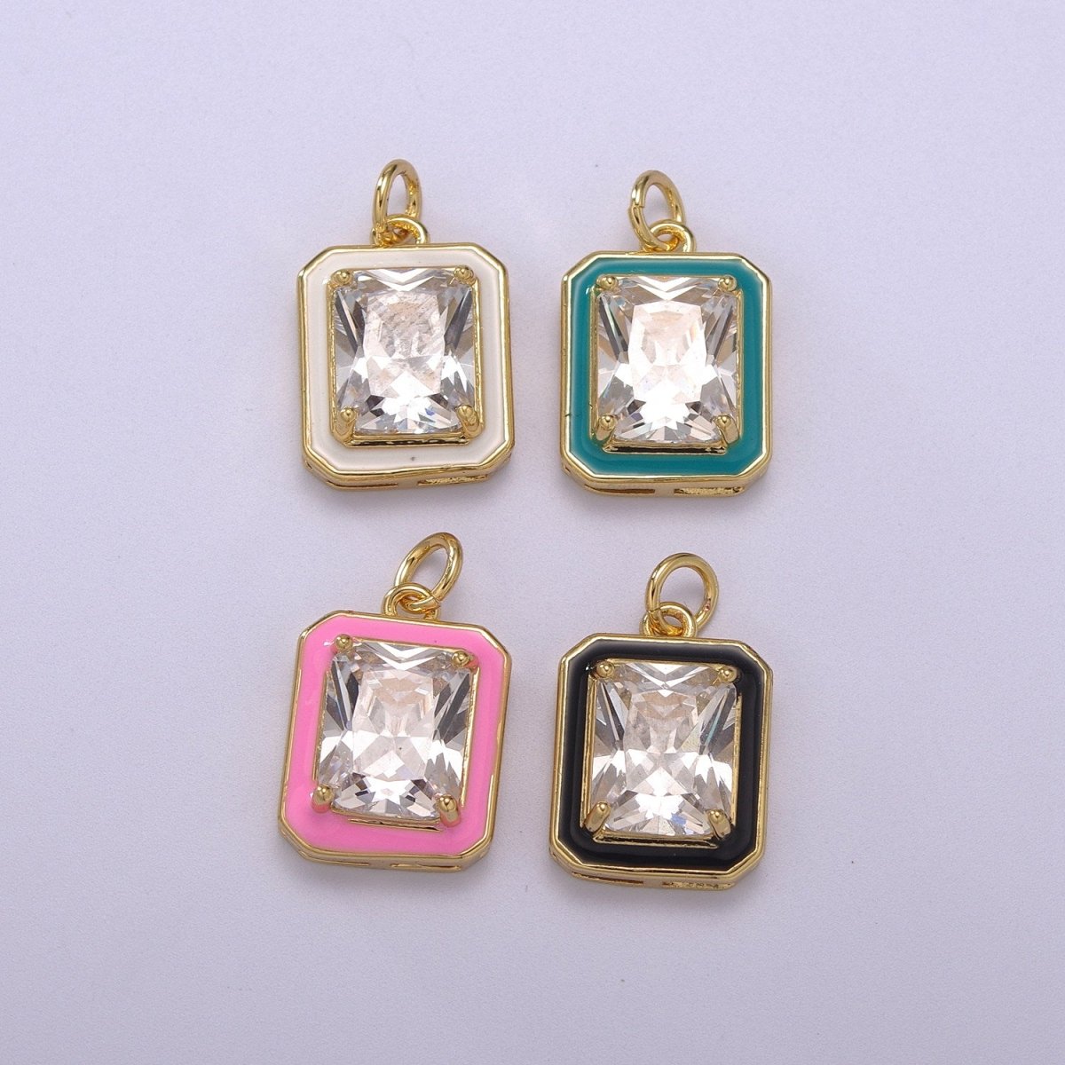 Big Clear CZ Enamel Colorful Square Shape Pendant 14K Gold Filled Enamel Charm, Necklace Bracelet Component M-674 - M-677 - DLUXCA