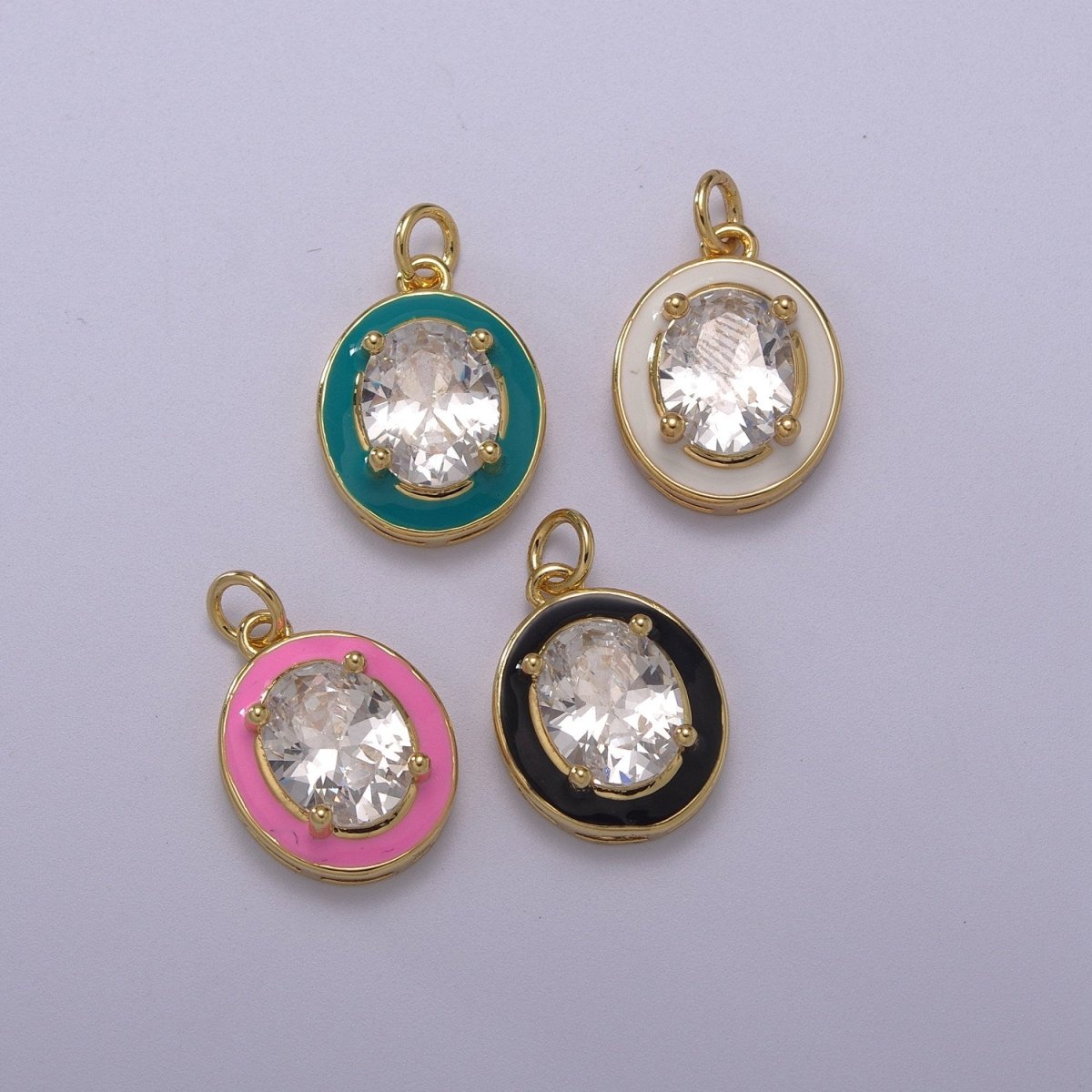 Big Clear CZ Micro Pave on Enamel Colorful Oval Coin Shape Pendant 14K Gold Filled Enamel Charm, Necklace Bracelet Component M-658 - M-661 - DLUXCA