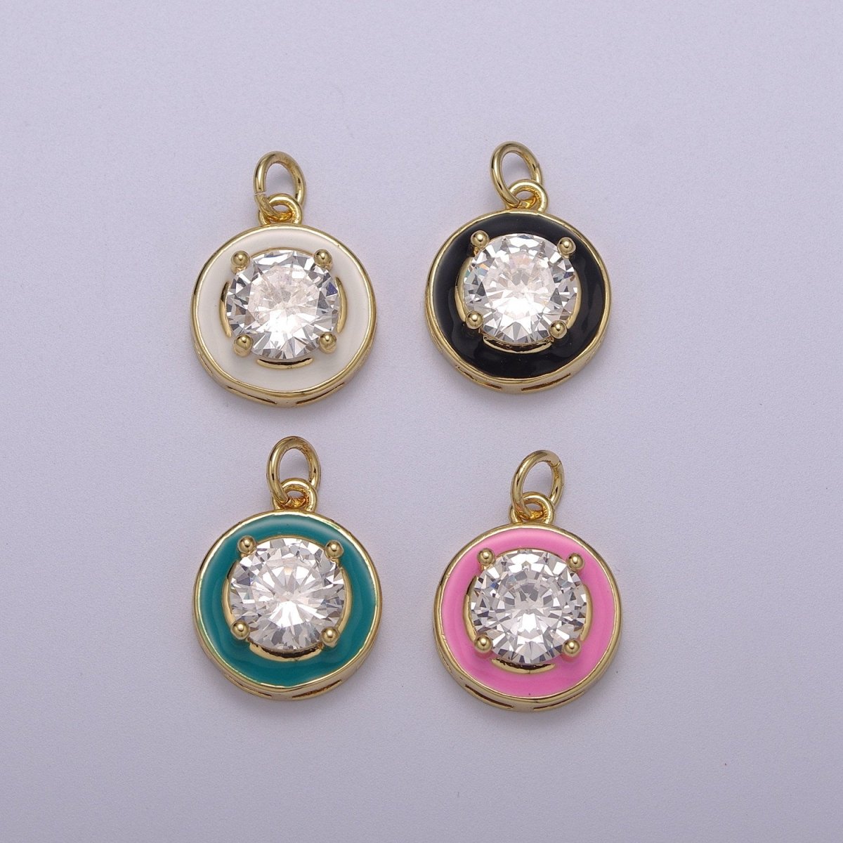 Big Clear CZ Micro Pave on Enamel Colorful Round Coin Shape Pendant 14K Gold Filled Enamel Charm, Necklace Bracelet Component M-662 - M-665 - DLUXCA