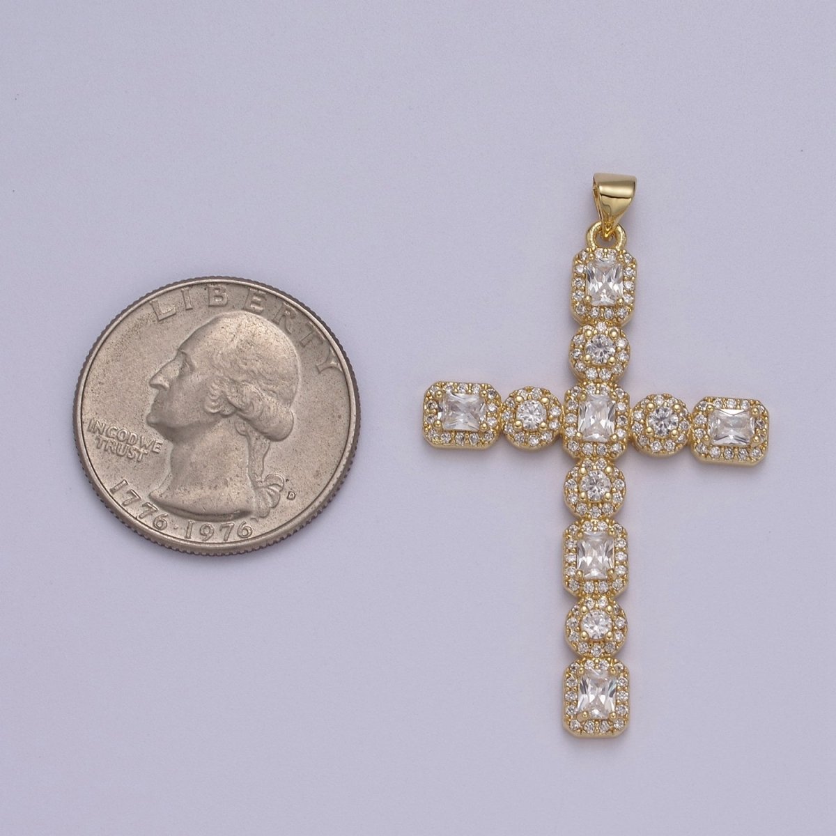 Big CZ Long Gold Cross Pendant, Gold Filled Cross CZ Charm, Cubic Zirconia Cross, Religious Jewelry, Rosary Pendant J-338 - DLUXCA