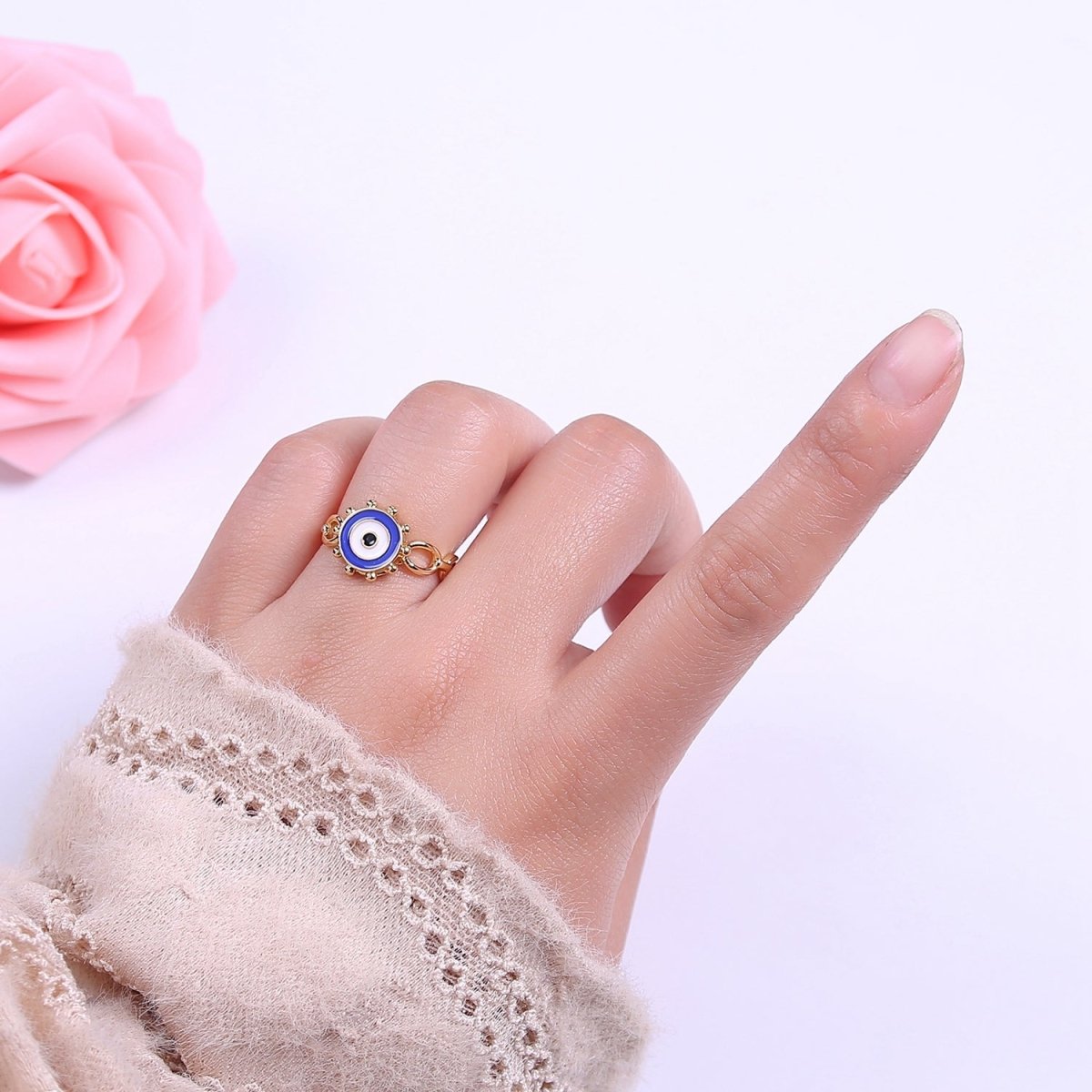 Big Evil Eye Gold Ring Enamel Eye Ring Midi Open Adjustable Ring S-461 ~ S-465 - DLUXCA