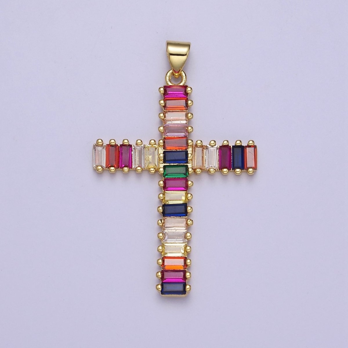 Big Gold Multi Color Baguette Cross Pendant J-612 - DLUXCA