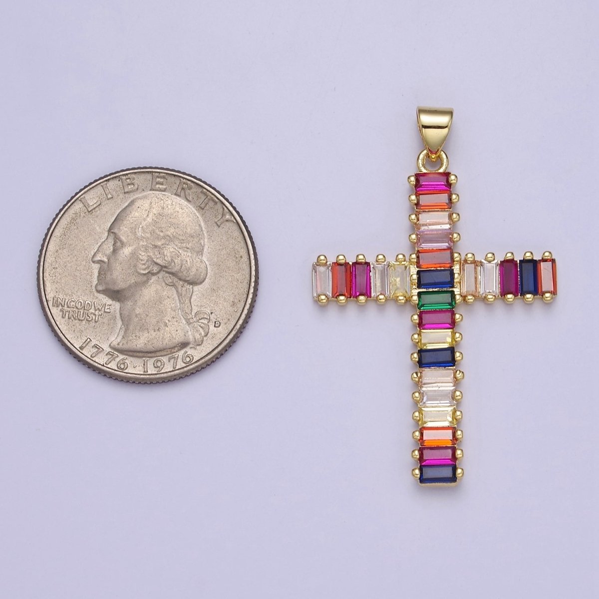 Big Gold Multi Color Baguette Cross Pendant J-612 - DLUXCA