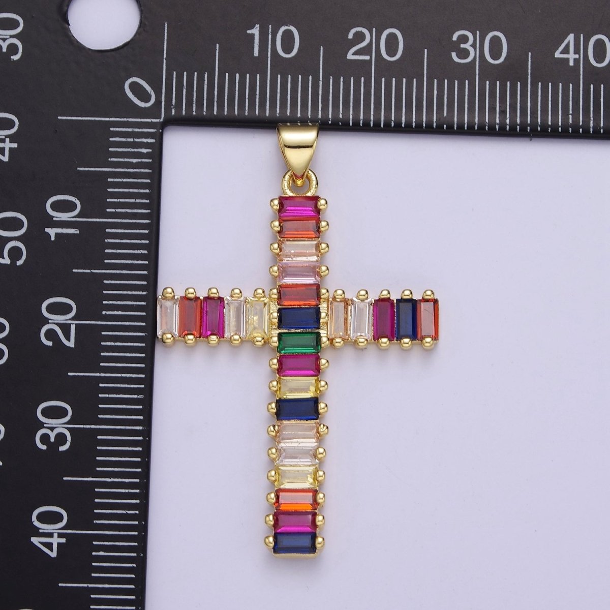Big Gold Multi Color Baguette Cross Pendant J-612 - DLUXCA