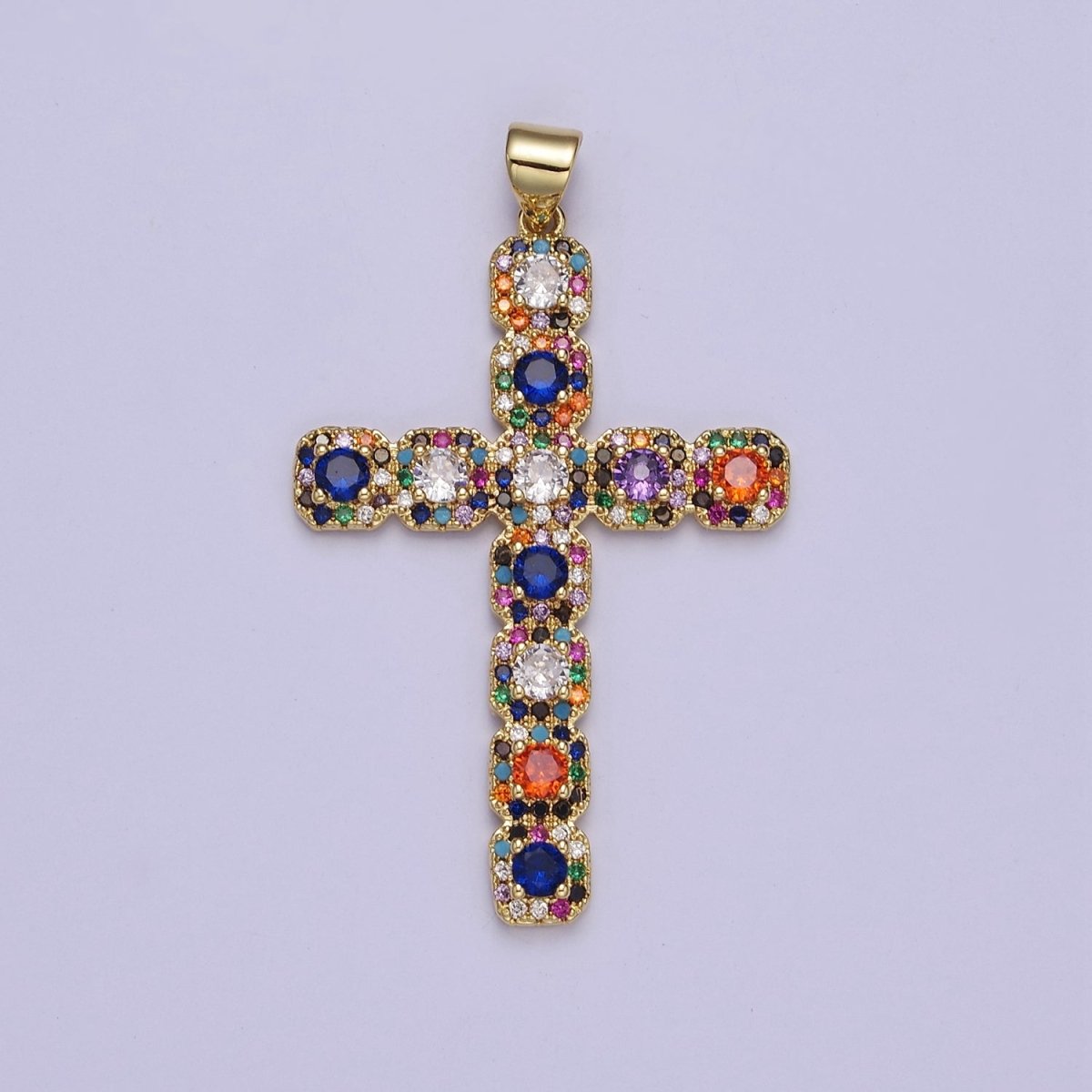 Big Gold Multi Color Cubic Zirconia Cross Pendant J-617 - DLUXCA