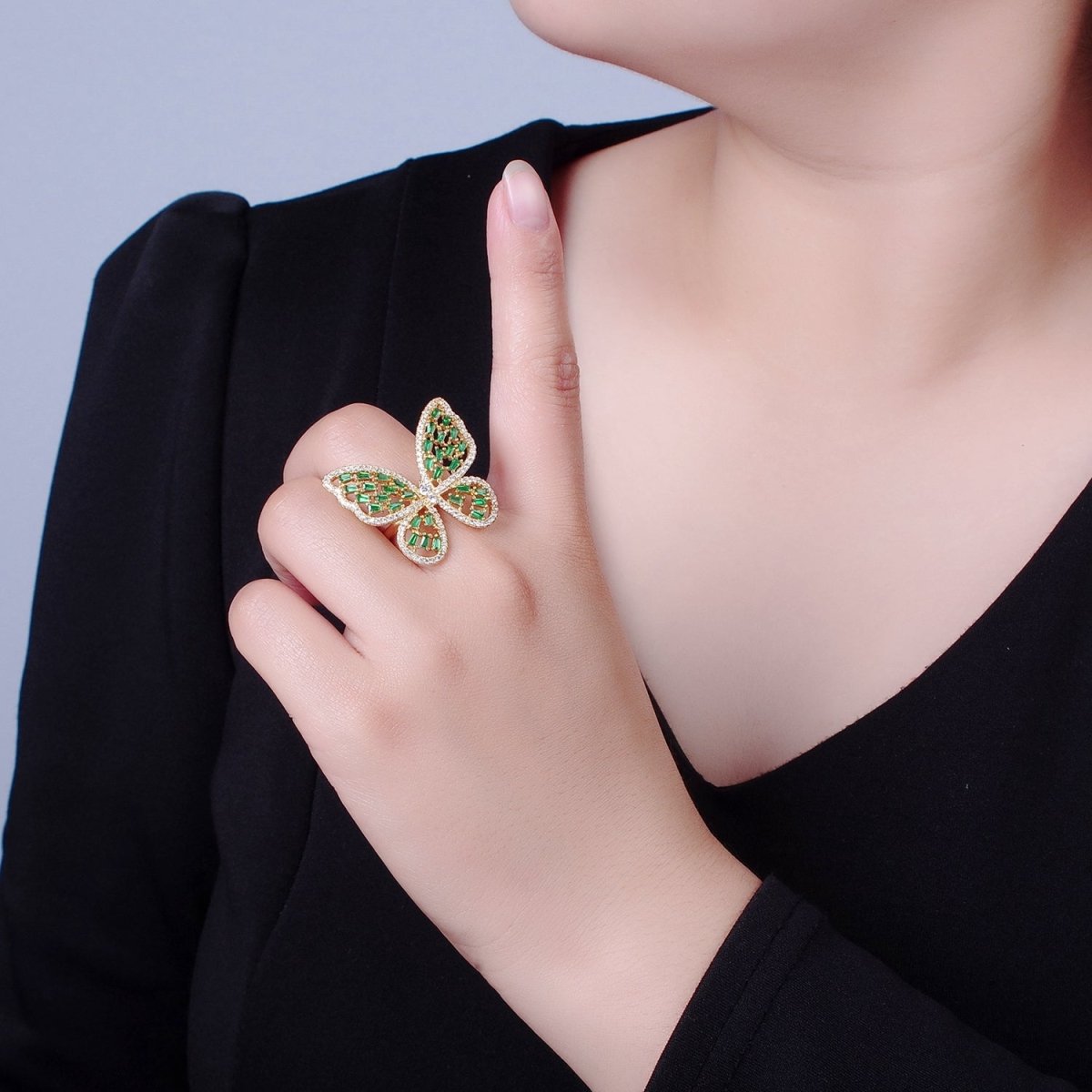 Big Green Pave Butterfly Ring | adjustable Statement Ring O-2225 - DLUXCA