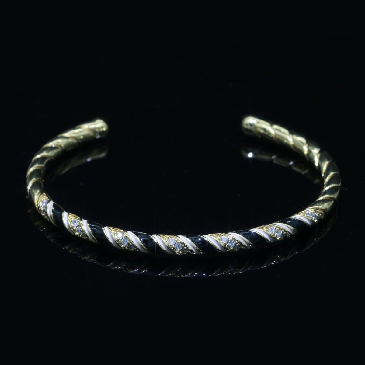Black Enamel Geometric Swirl Gold Filled Bangle Open Adjustable Bracelet Vintage Style Inspired | WA-114 Clearance Pricing - DLUXCA