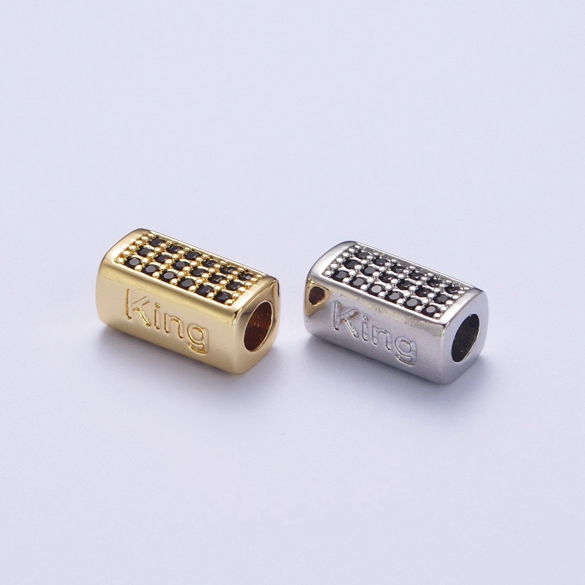 Black Micro Paved CZ Rectangular Bead with "King" Script Engraved in Gold & Silver | B-062 B-073 - DLUXCA