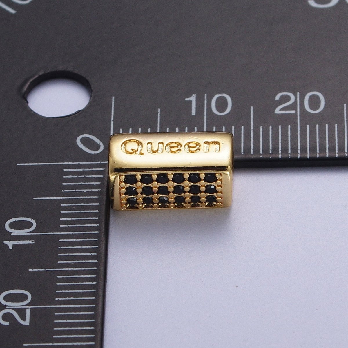 Black Micro Paved CZ Rectangular Bead with "Queen" Script Engraved in Gold & Silver, Jewelry Supply Making | B-936 B-647 - DLUXCA