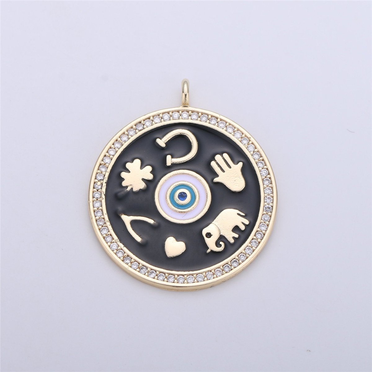 Black White Enamel Talisman Charm Necklace, Gold Filled Coin Round Pendant Lucky Medallion Pendant for Necklace Jewelry Making Supply C-688 - DLUXCA