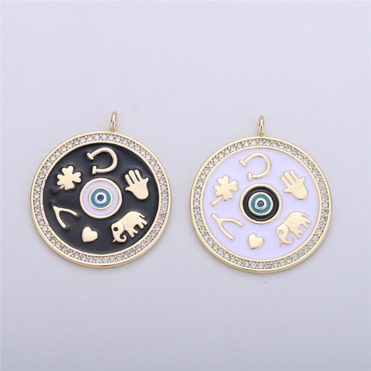 Black White Enamel Talisman Charm Necklace, Gold Filled Coin Round Pendant Lucky Medallion Pendant for Necklace Jewelry Making Supply C-688 - DLUXCA