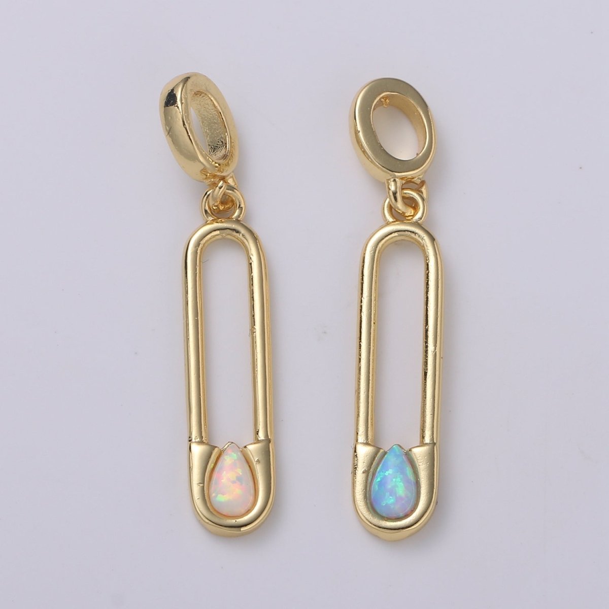 Blue and White Opal 24K Safety Pin Pendant, Teardrop Opal Charm for Bracelet Earring Necklace H-511 H-513 - DLUXCA