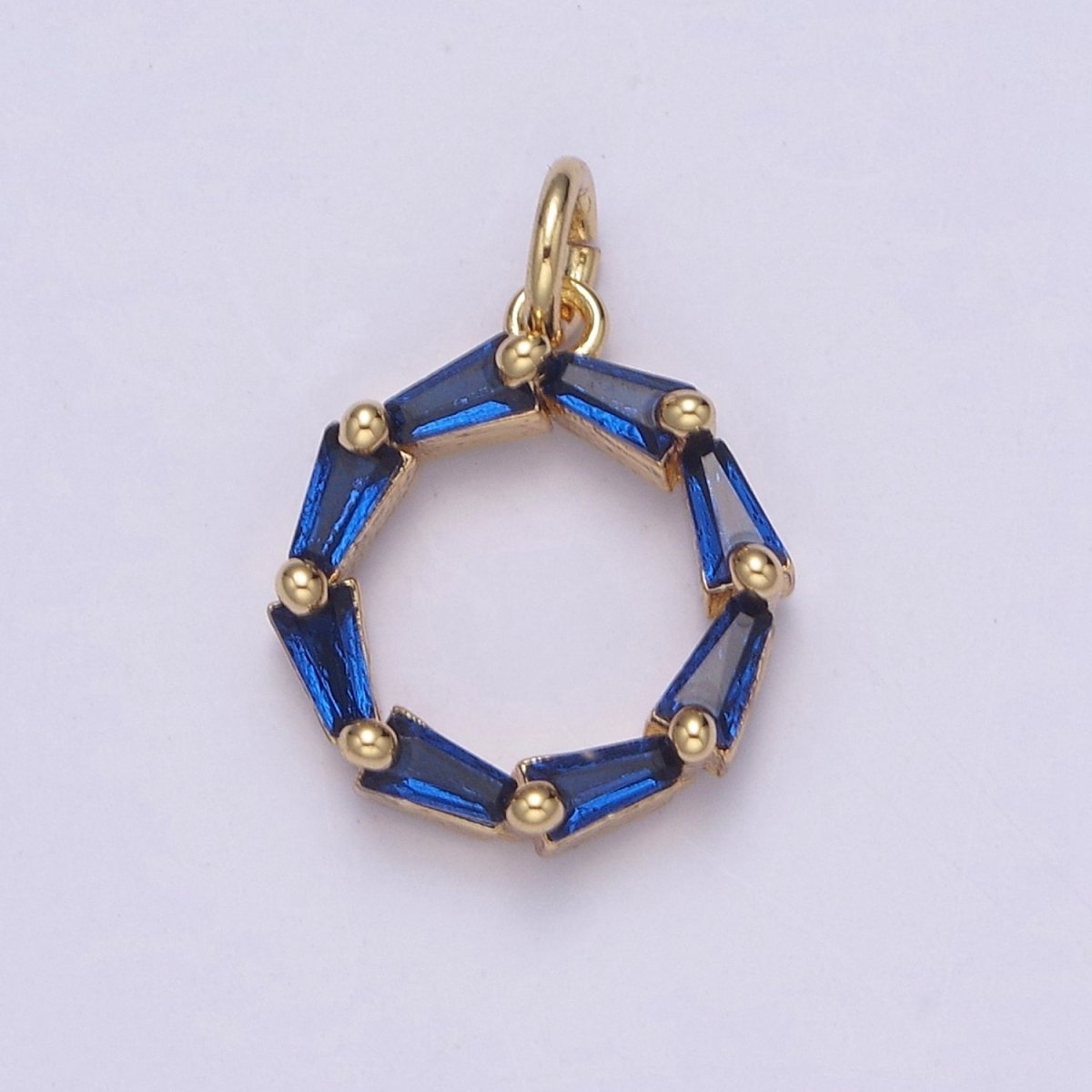 Blue Baguette Cubic Zirconia Charm, Dainty Round Circle CZ Charm, Birthstone Charm, 14K Gold Filled Charm N-753 - DLUXCA
