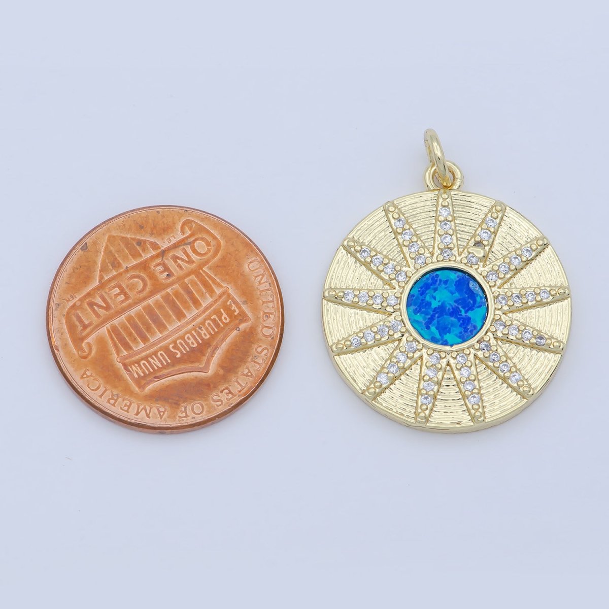Blue Crystal Gold Filled Sun Flower Round Coin Charm M-354 - DLUXCA