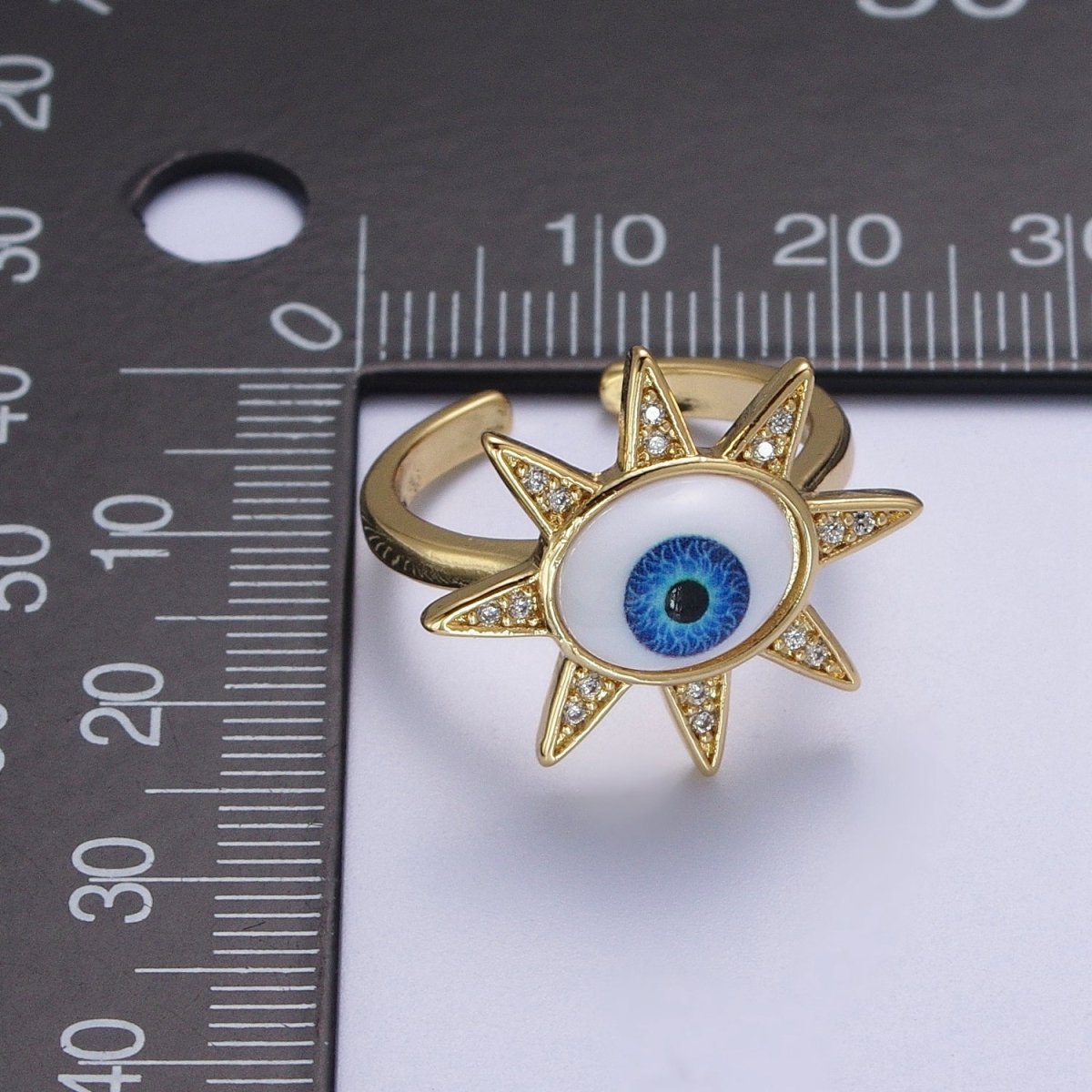 Blue Evil Eye of Ra Celestial Sun Star Micro Paved CZ Bezel Gold Adjustable Protection Ring | O-2002 - DLUXCA