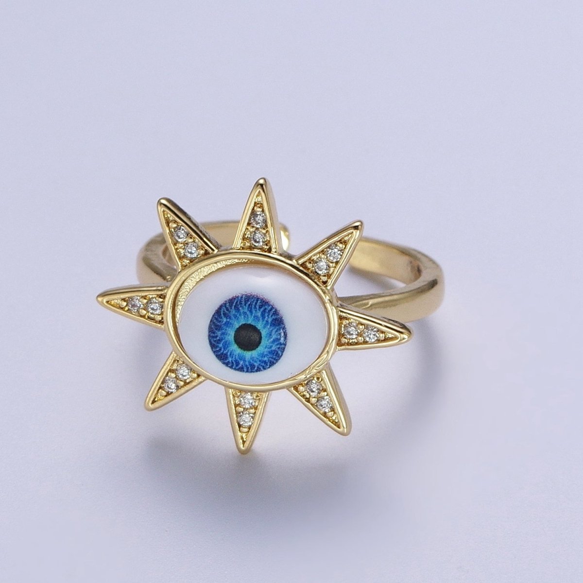 Blue Evil Eye of Ra Celestial Sun Star Micro Paved CZ Bezel Gold Adjustable Protection Ring | O-2002 - DLUXCA