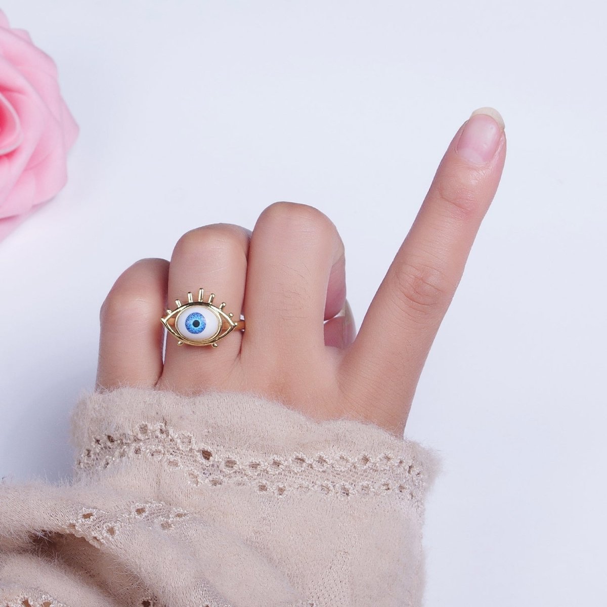 Blue Evil Eye of Ra Eyelash Bezel Gold Adjustable Protection Ring | O-2003 - DLUXCA