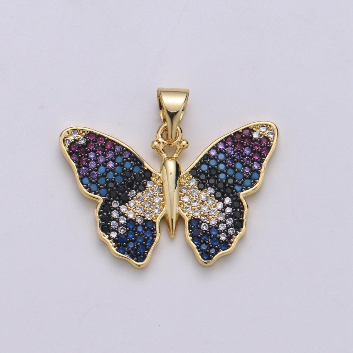 Blue Gradation Butterfly Micro Pave 24K Gold Filled Pendant, Cubic Zirconia Butterfly Pendant Charm Connector, For DIY Jewelry J-128 - DLUXCA
