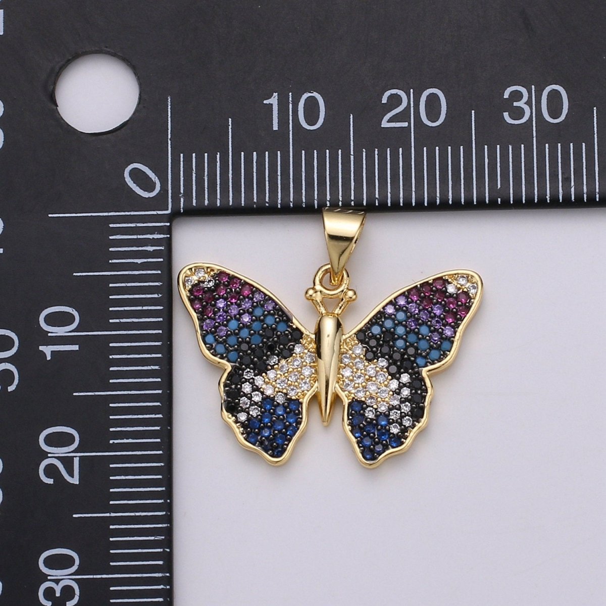 Blue Gradation Butterfly Micro Pave 24K Gold Filled Pendant, Cubic Zirconia Butterfly Pendant Charm Connector, For DIY Jewelry J-128 - DLUXCA