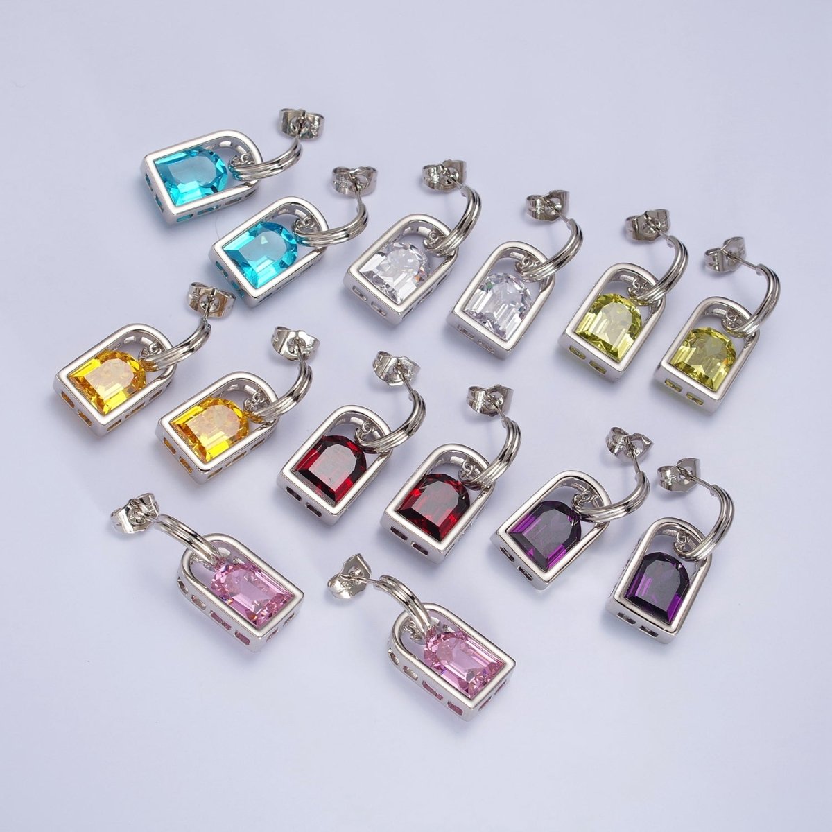 Blue, Pink, Orange, Yellow, Purple, Red, Clear Capsule Drop Dangle J-Shaped Silver Earrings | AB278 - AB284 - DLUXCA