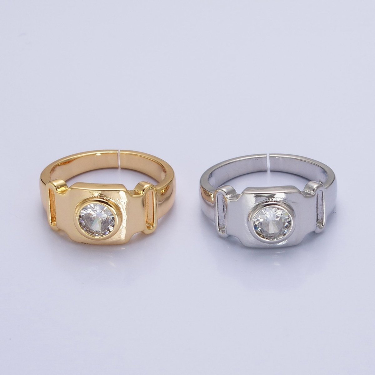 Bold Buckle Gold Ring for Statement Jewelry with Clear CZ Stone Open Adjustable Ring O-1553 O-1554 - DLUXCA