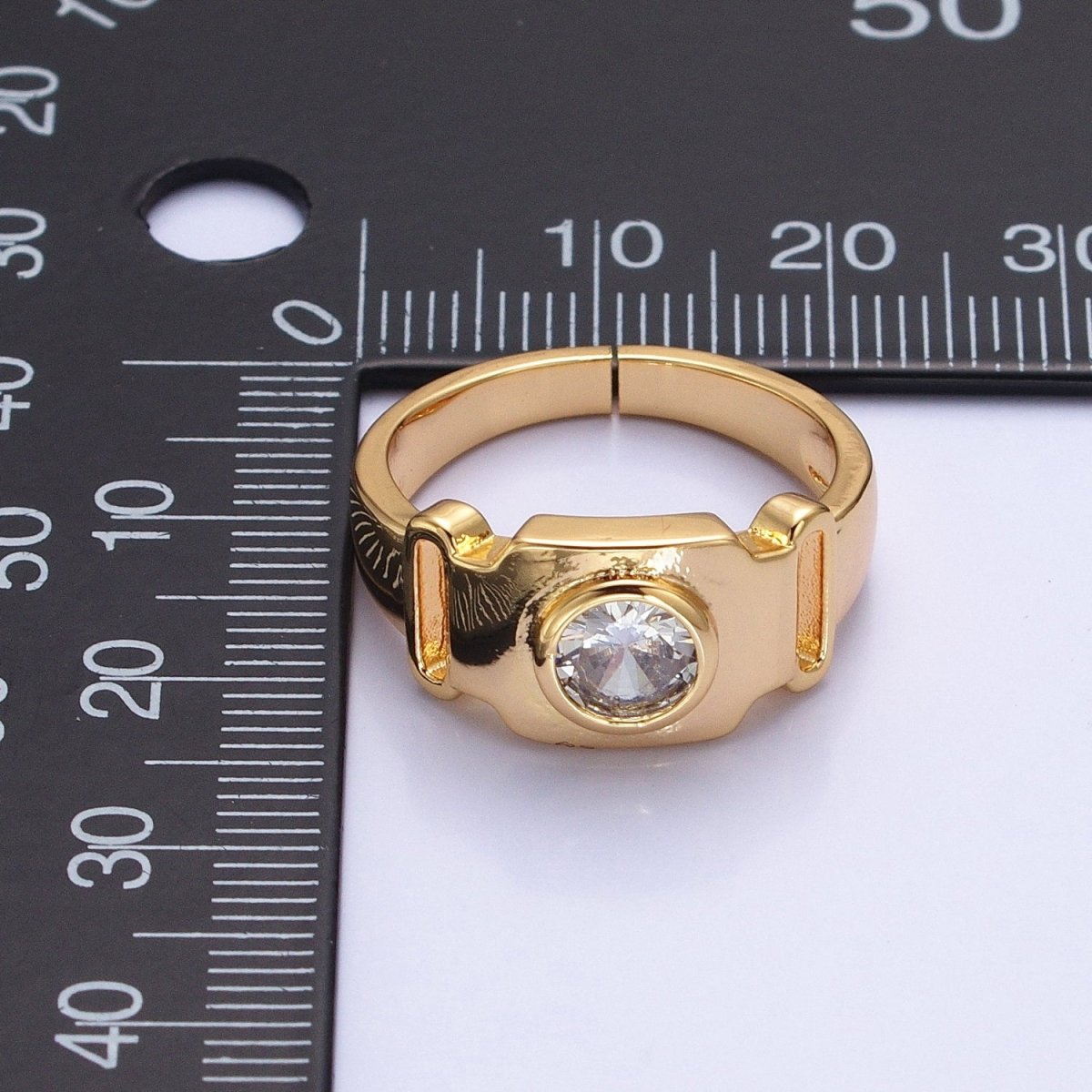 Bold Buckle Gold Ring for Statement Jewelry with Clear CZ Stone Open Adjustable Ring O-1553 O-1554 - DLUXCA