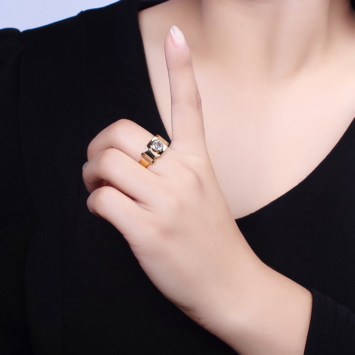 Bold Buckle Gold Ring for Statement Jewelry with Clear CZ Stone Open Adjustable Ring O-1553 O-1554 - DLUXCA