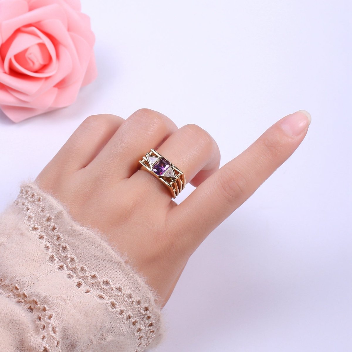 Bold Chunky Cocktail Ring Birthstone CZ Ring Open Adjustable U-079~U-082 U-215 U-216 - DLUXCA