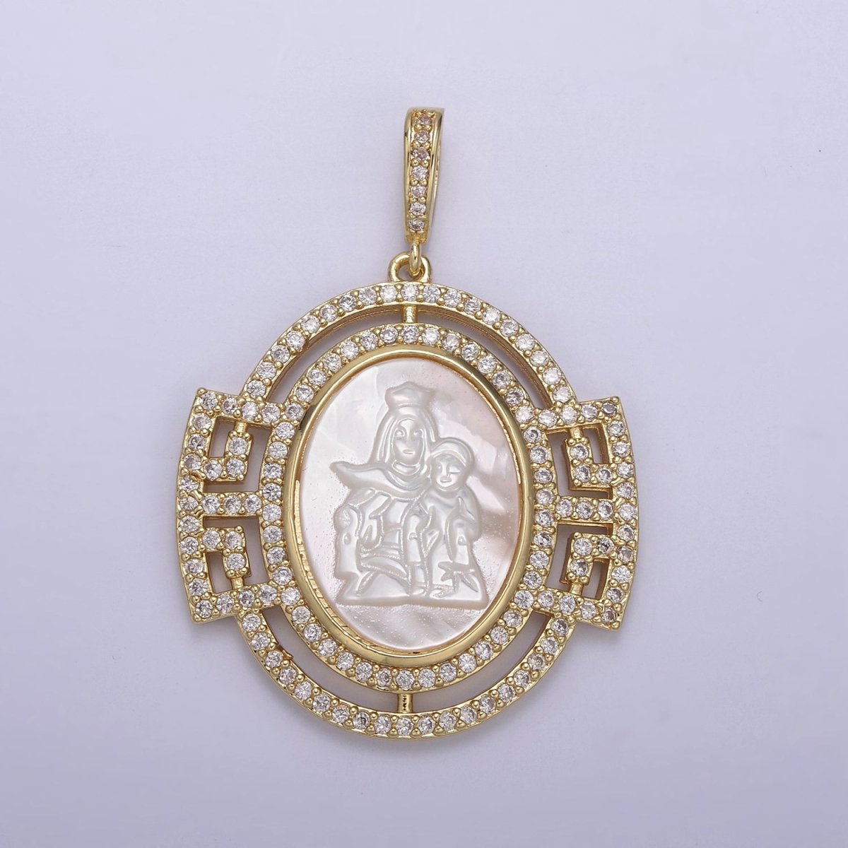 Bold Chunky Medallion Gold Filled Cubic Zirconia Mother Of Pearl Virgin Mary With Baby Jesus Pendant Necklace for Religious Jewelry Making N-558 - DLUXCA