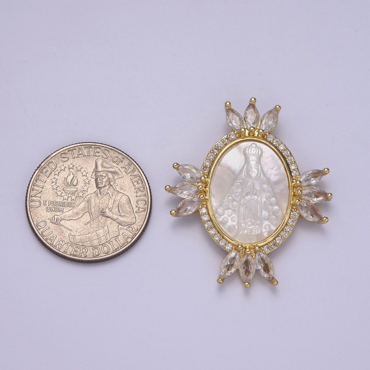 Bold Clear CZ Micro Pave Miraculous Lady Oval Shape Pendant Charm, Cubic Zirconia Medallion Virgin Mary Mother Of Pearl Charm N-573 - DLUXCA