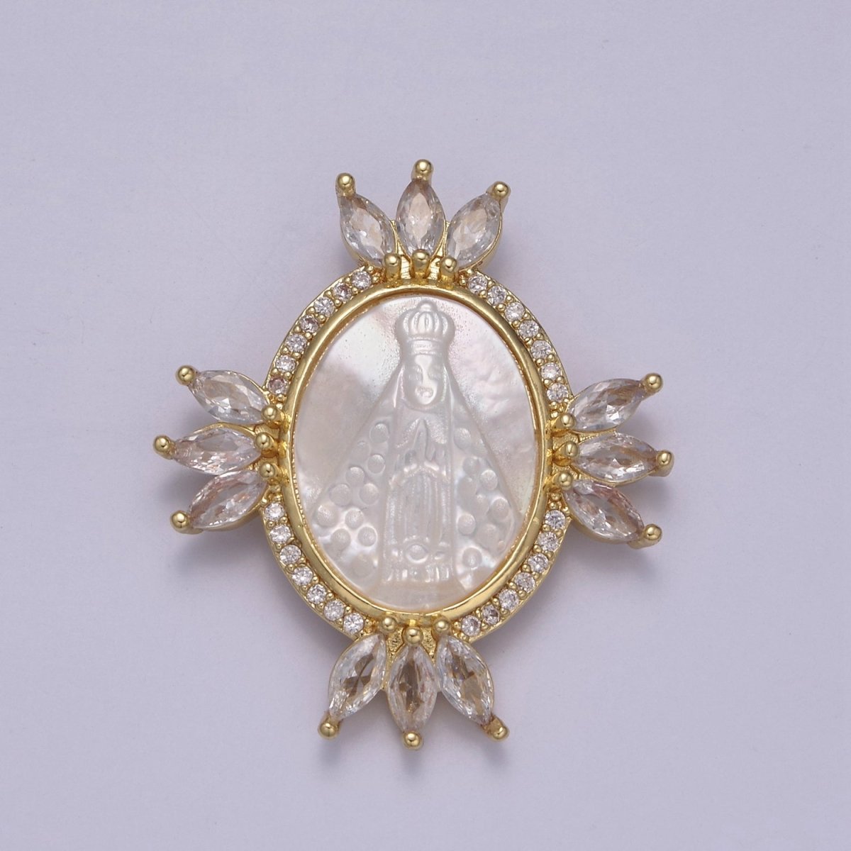 Bold Clear CZ Micro Pave Miraculous Lady Oval Shape Pendant Charm, Cubic Zirconia Medallion Virgin Mary Mother Of Pearl Charm N-573 - DLUXCA