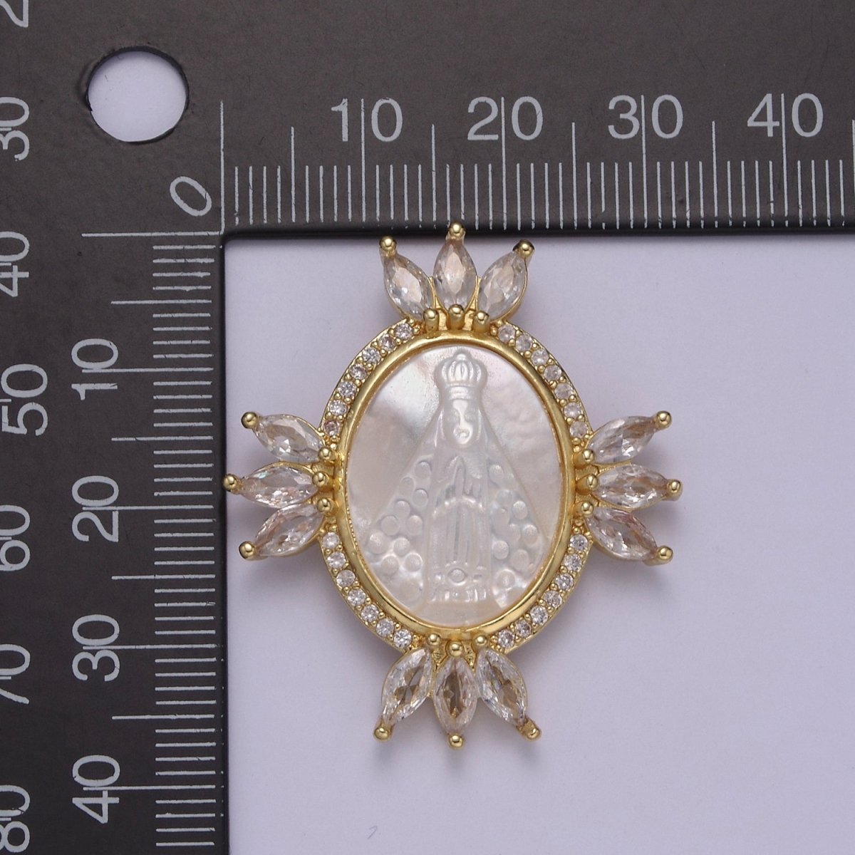 Bold Clear CZ Micro Pave Miraculous Lady Oval Shape Pendant Charm, Cubic Zirconia Medallion Virgin Mary Mother Of Pearl Charm N-573 - DLUXCA