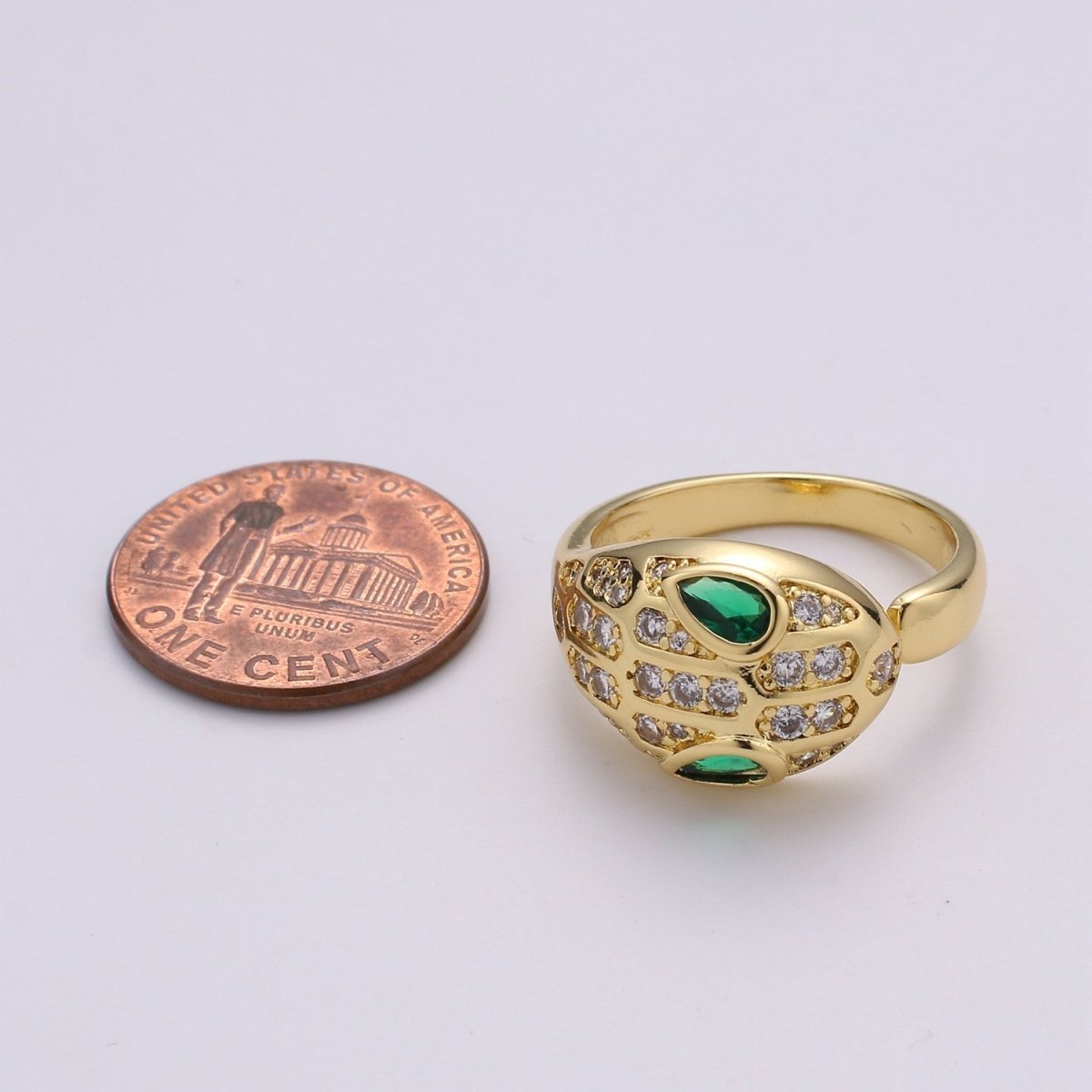 Bold Gold Snake Ring, Gold Serpent Ring, CZ Green Snake Ring, Open Band Wrap Ring, Gold Stackable Ring, Snake Statement Ring for Gift idea, R-038 - DLUXCA