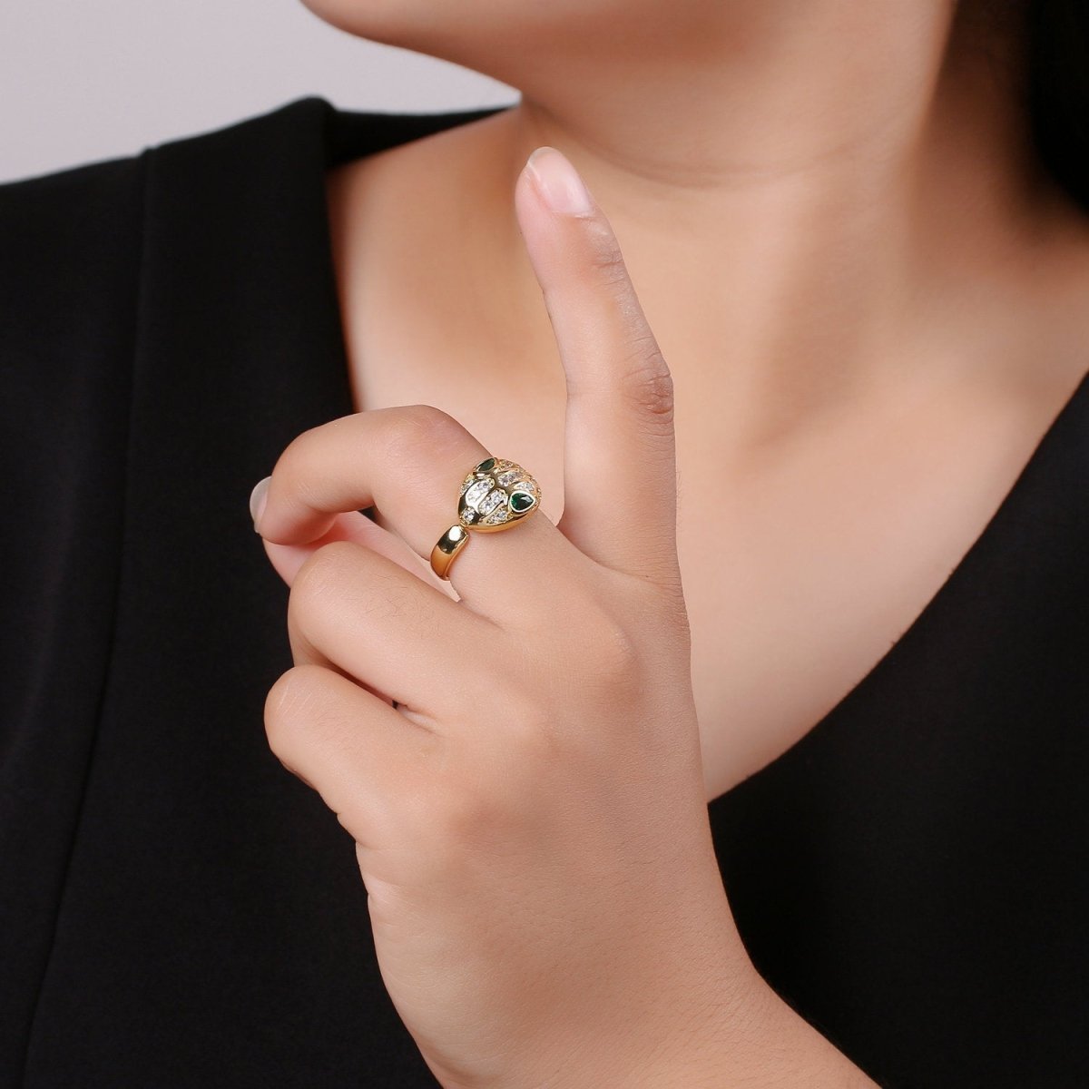 Bold Gold Snake Ring, Gold Serpent Ring, CZ Green Snake Ring, Open Band Wrap Ring, Gold Stackable Ring, Snake Statement Ring for Gift idea, R-038 - DLUXCA