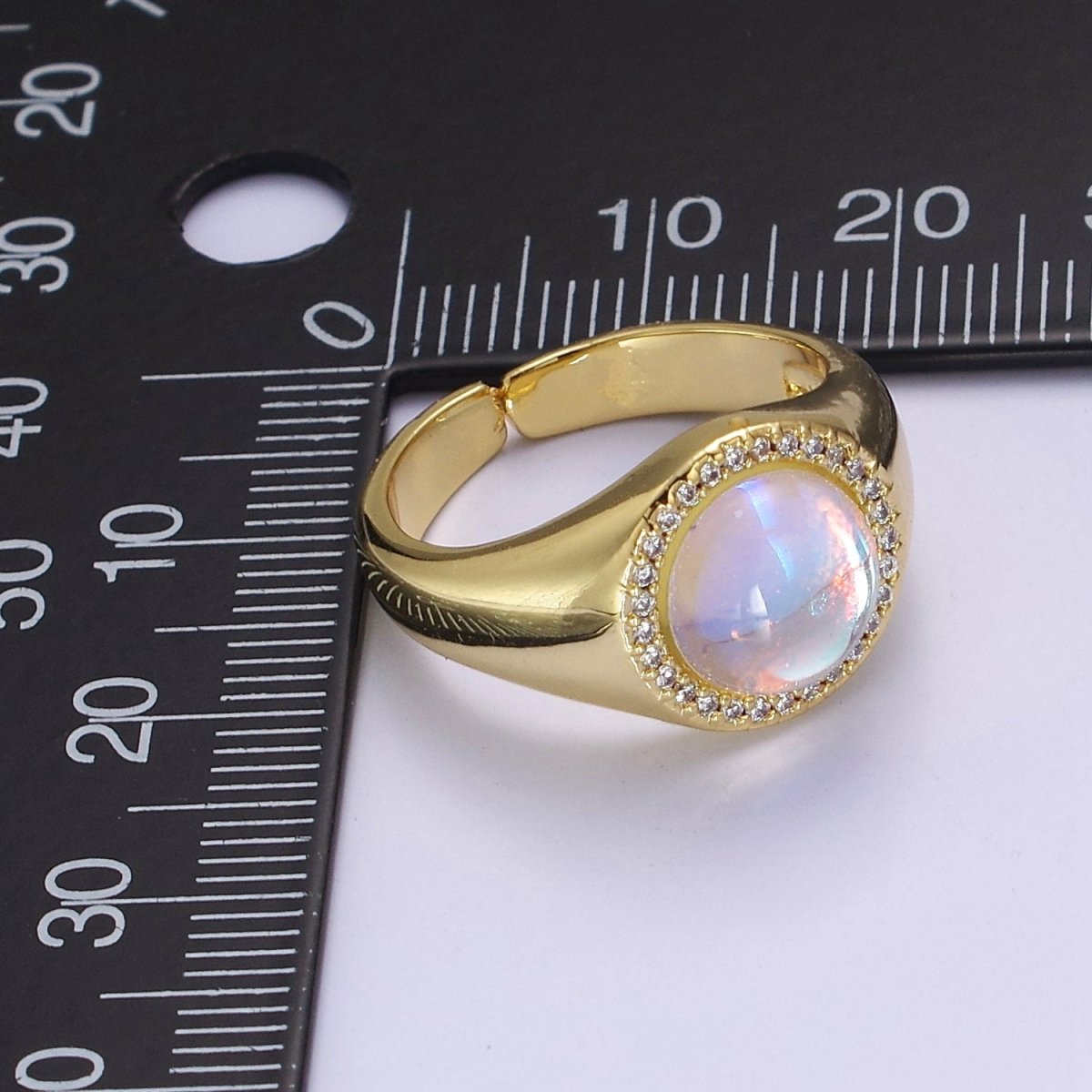 Bold Rainbow Moonstone Ring, Statement Signet Gold Ring Stackable Open Adjustable Ring O-2109 - DLUXCA