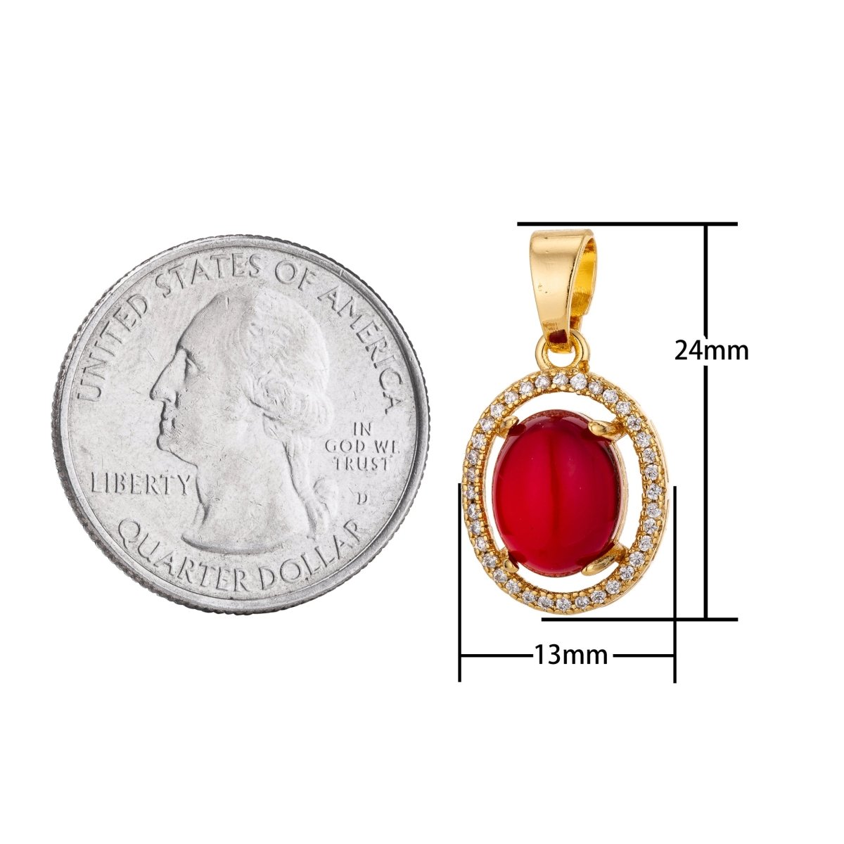 Bright Red 18K Gold Filled Oval Shape Charm Pendant w/ Bails Pave Cubic Zirconia Ladies Necklace for Jewelry Making H-806 - DLUXCA