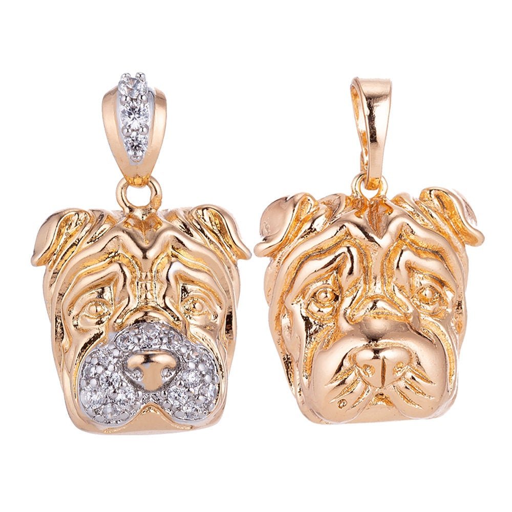 Bulldog Pendant 18k Gold Filled Dog Charm with Crystal CZ Necklace Bracelet Findings with Bail for Jewelry Making H-610 - DLUXCA