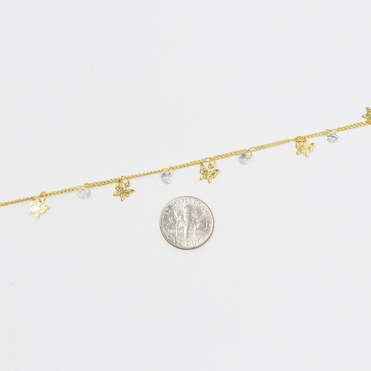 Butterfly 24K Gold Filled Cubic CURB Chain by Yard, Monarch CZ Charm Specialty Link Chain by Foot, Moth 6.9X6mm Chain 0.7mm Thick Designed Chain | ROLL-413 Clearance Pricing - DLUXCA