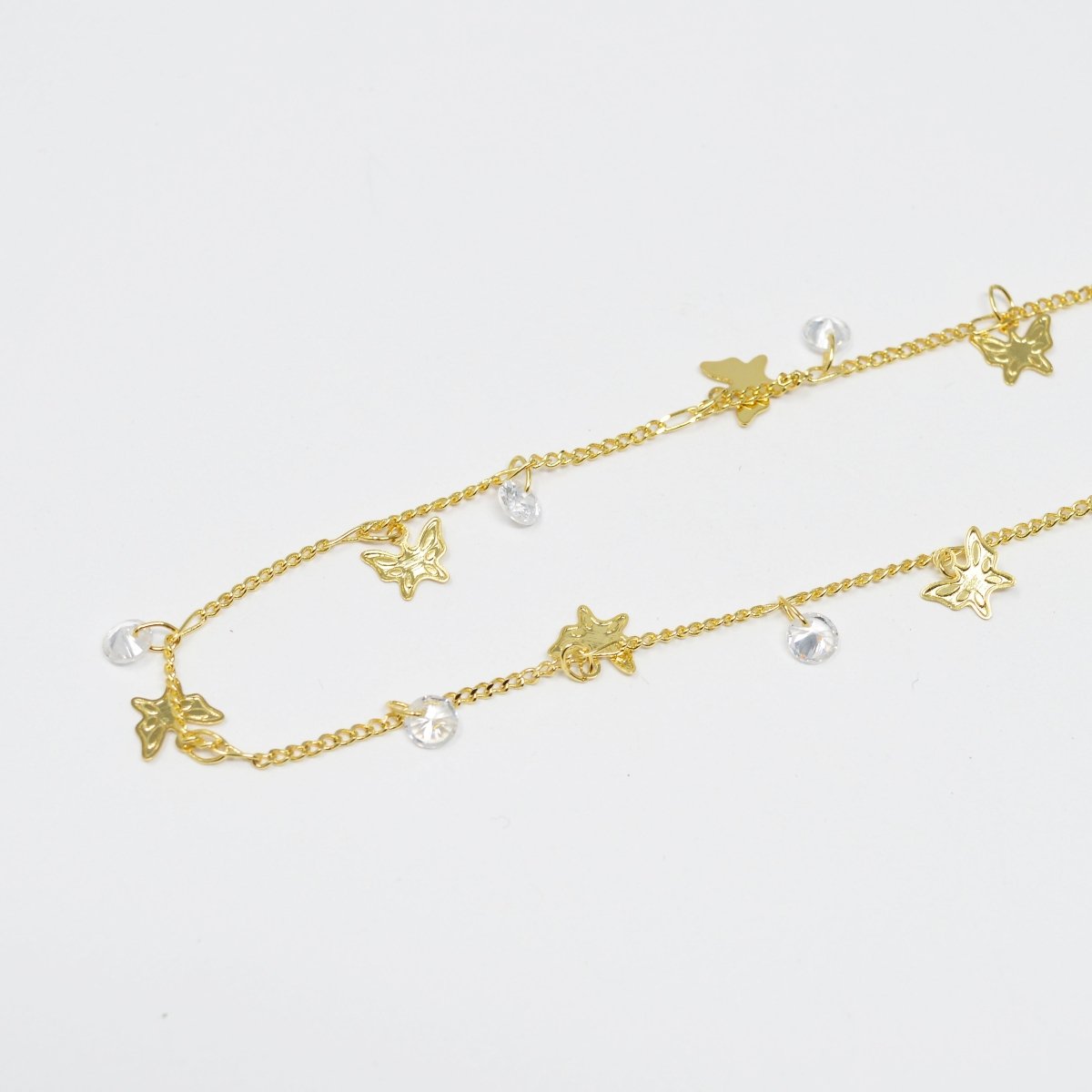 Butterfly 24K Gold Filled Cubic CURB Chain by Yard, Monarch CZ Charm Specialty Link Chain by Foot, Moth 6.9X6mm Chain 0.7mm Thick Designed Chain | ROLL-413 Clearance Pricing - DLUXCA