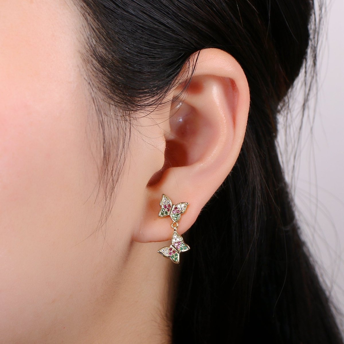Butterfly Earring 24K Gold Pave Cz Stud Earring Micro Pave Animal Jewelry for Birthday Gift Dangle Mariposa Monarch Earring Q-497 - DLUXCA