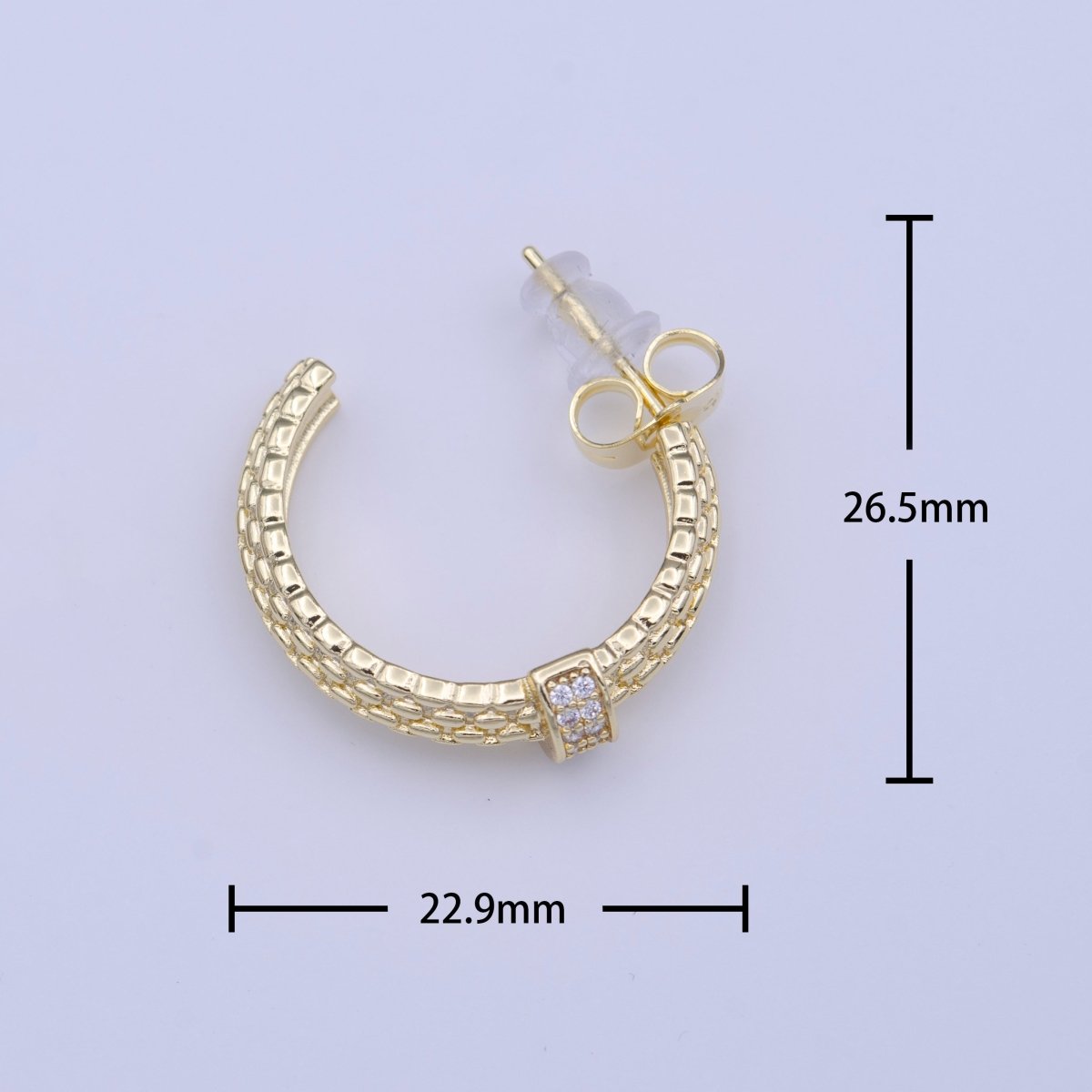 C-Shaped Beaded Gold Micro Paved CZ Lined Bar Stud Hoop Earrings | Y-214 - DLUXCA