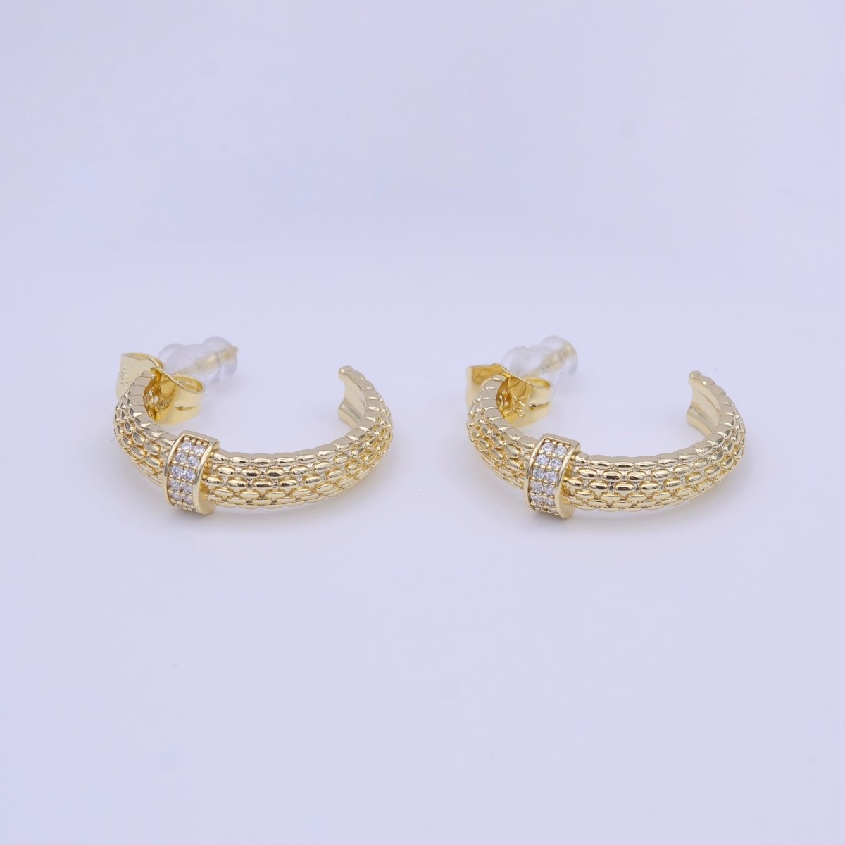 C-Shaped Beaded Gold Micro Paved CZ Lined Bar Stud Hoop Earrings | Y-214 - DLUXCA
