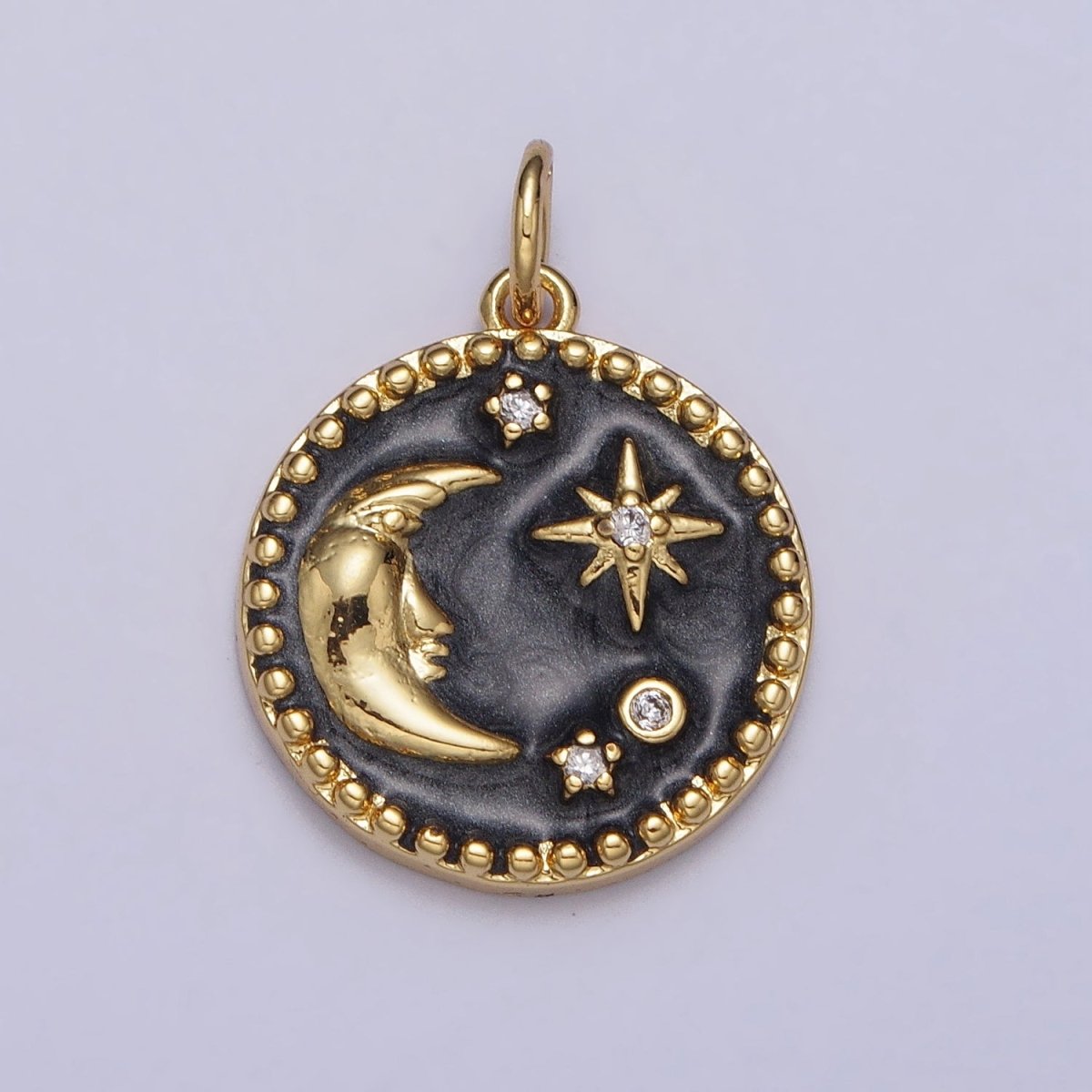Celestial Crescent Moon Stars Round Black Enamel Charm in Gold & Silver | AC254 AC255 - DLUXCA