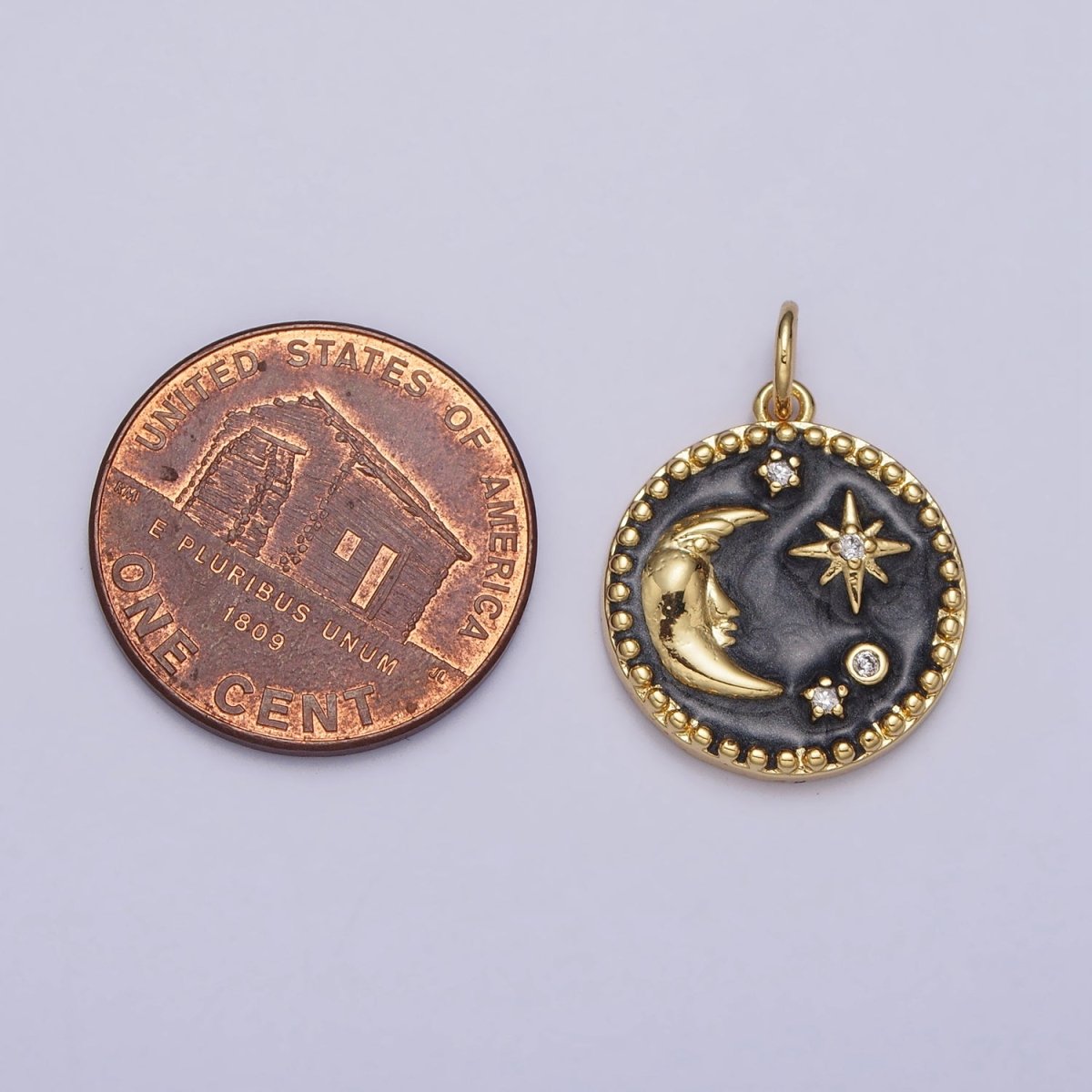 Celestial Crescent Moon Stars Round Black Enamel Charm in Gold & Silver | AC254 AC255 - DLUXCA