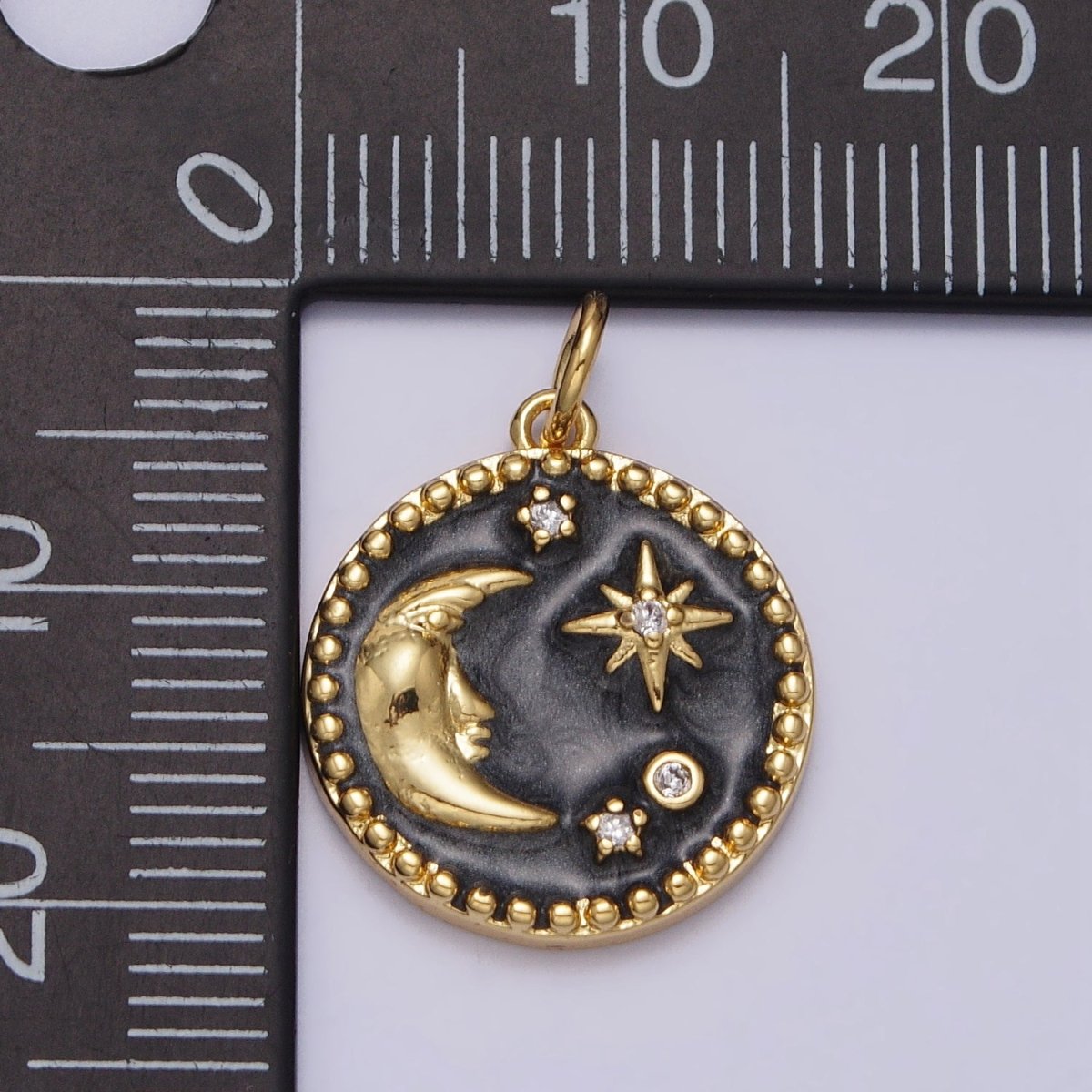 Celestial Crescent Moon Stars Round Black Enamel Charm in Gold & Silver | AC254 AC255 - DLUXCA