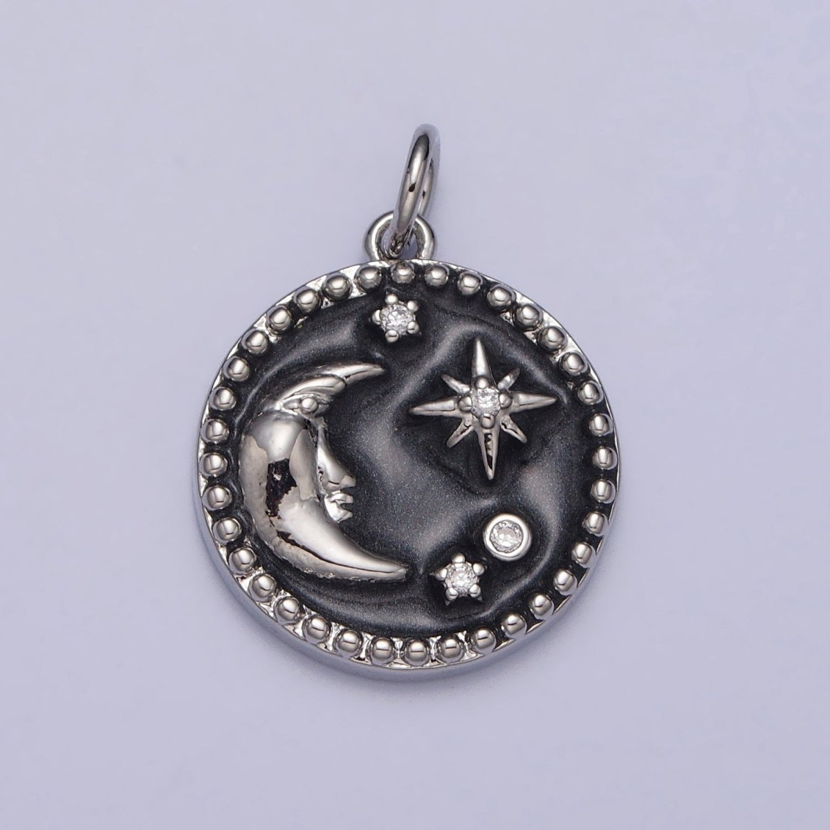 Celestial Crescent Moon Stars Round Black Enamel Charm in Gold & Silver | AC254 AC255 - DLUXCA