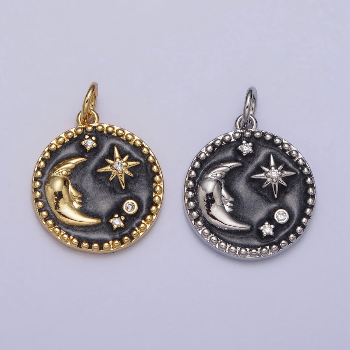 Celestial Crescent Moon Stars Round Black Enamel Charm in Gold & Silver | AC254 AC255 - DLUXCA