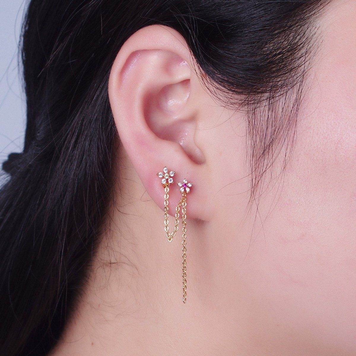 Celestial Star Cubic Zirconia CZ Chain Double Stud Earrings P-311 - DLUXCA