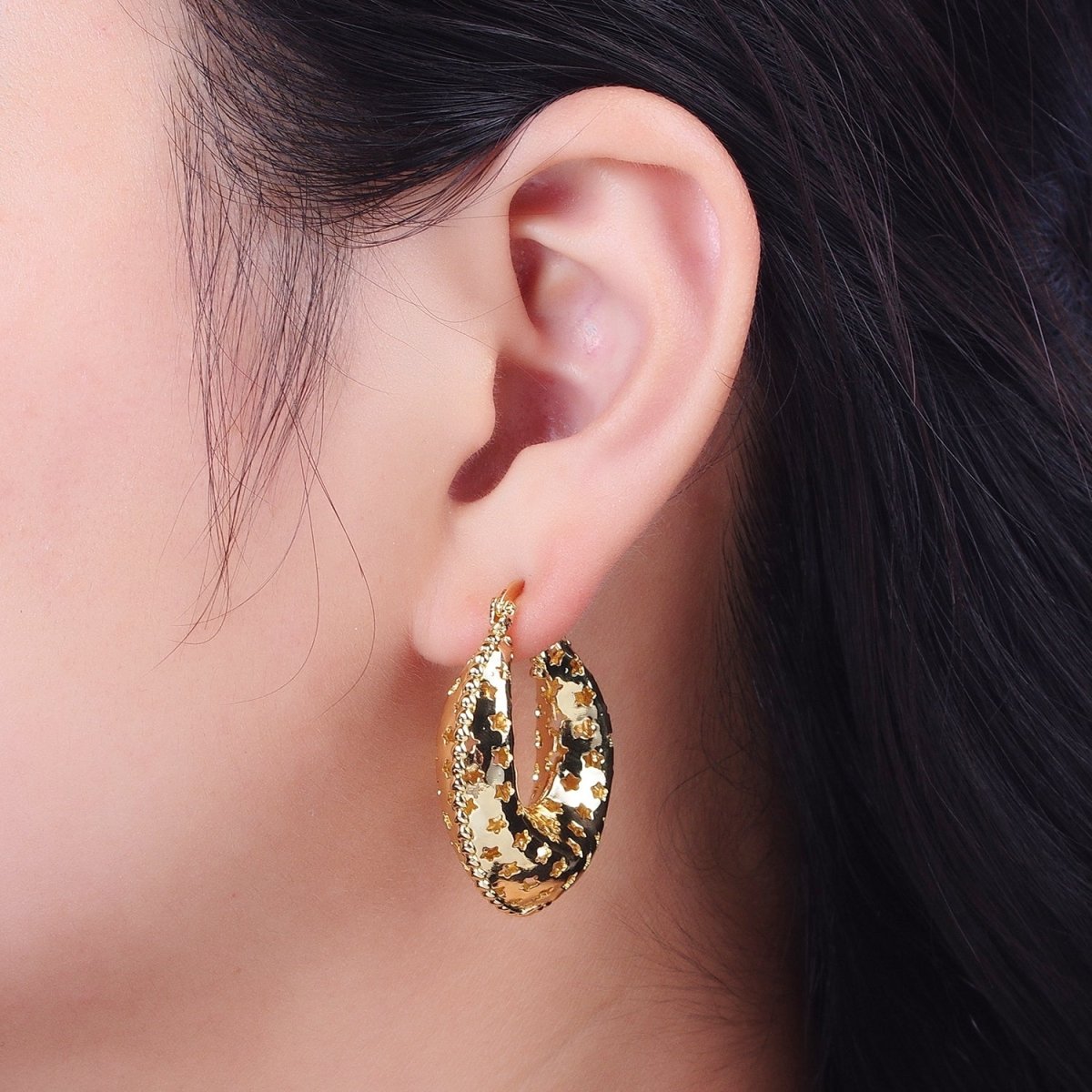 Celestial Stars Dome Hoop Latch Earrings in Gold & Silver | Y-098 Y-099 - DLUXCA