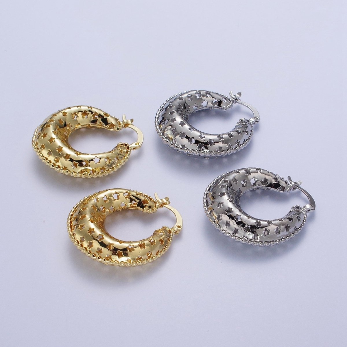 Celestial Stars Dome Hoop Latch Earrings in Gold & Silver | Y-098 Y-099 - DLUXCA